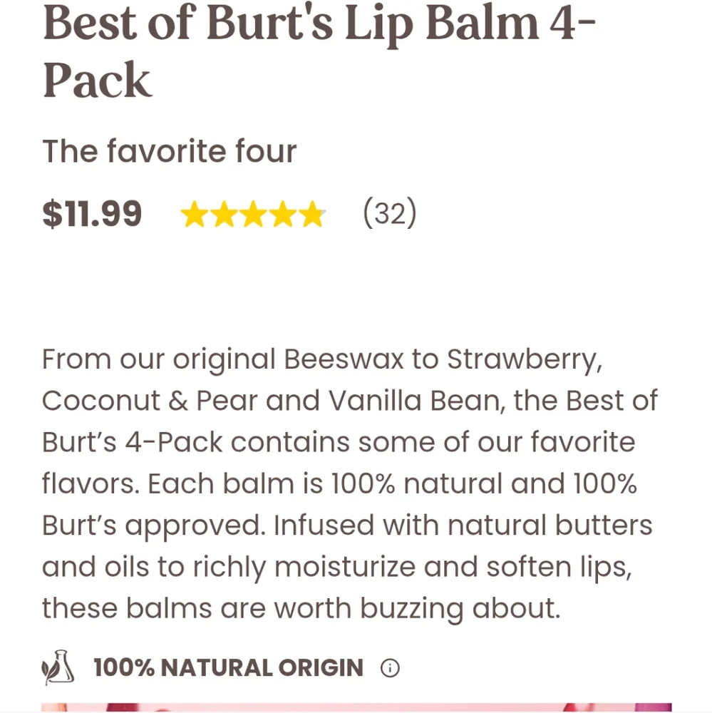 Burts Bees Best Lip Balm Favorite 4-pk  Vanilla Bean Strawberry Coconut + Pear